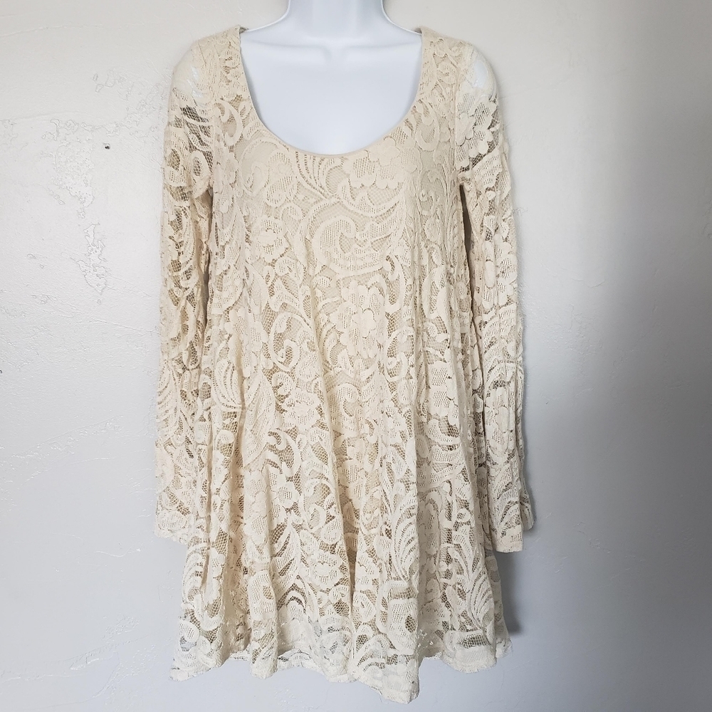 Show Me Your Mumu Small Ivory Beige Lace Long Sleeve Mini Dress SMYM Girly Boho